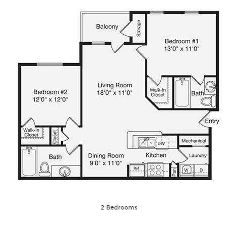 Floor plan for 2 beds, 2 baths, 1173 sqft